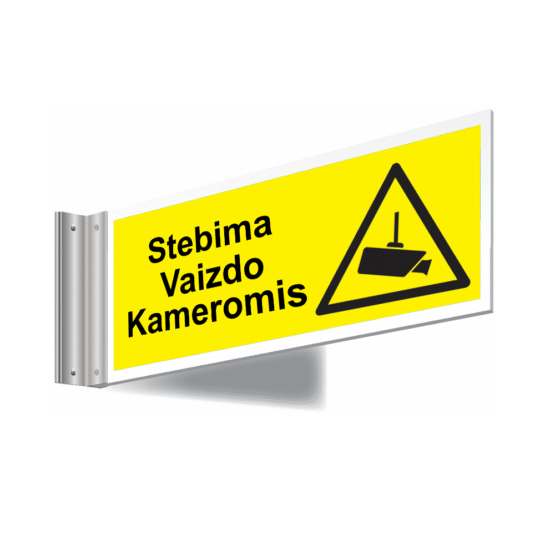 Šoninė Informacinė Lentelė "Stebima Vaizdo Kameromis" dešinė, 40x18cm. Ryškiaspalvė lentelė pagaminta iš korozijai atsparios medžiagos, matoma iš abiejų pusių, naudojama visomis oro sąlygomis viduje ir lauke. Paprastai tvirtinama montažiniais varžtais.